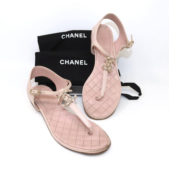 Chanel Quilted Logo 38 Baby Pink Flat T Strap Sandals Chain CC Logo - Picture 2 of 12
